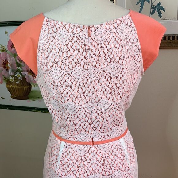 Alex Marie Peach Dress with White Lace Overlay, Cap Sleeves (Size: 8) - Picture 9 of 15